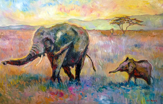 Elephants in Africa, 2018 - Original oil painting by John de Mars